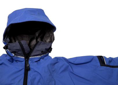 Blue hooded rain jacket with black zippers