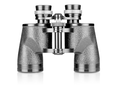 a pair of shiny black binoculars with a white background