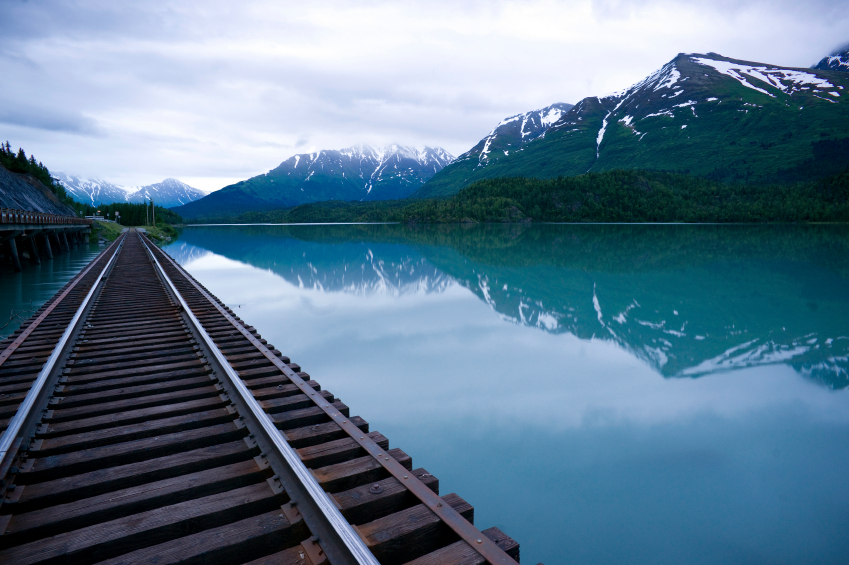 Railroad through Alaska lake