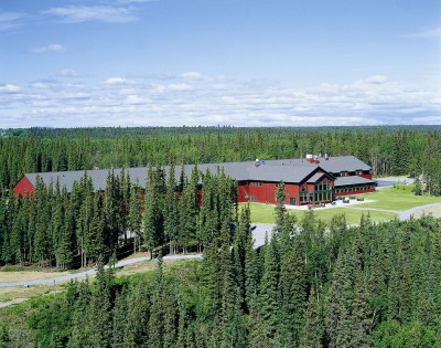 Overhead View of Copper River Lodge and the Wrangell mountains
