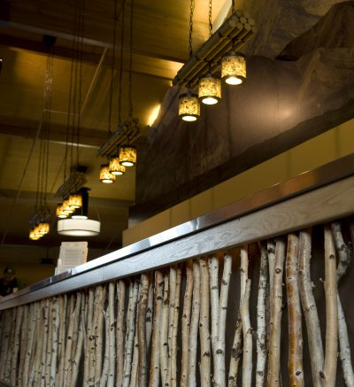 Pendant Lights above the front desk at Denali Princess Wilderness Lodge