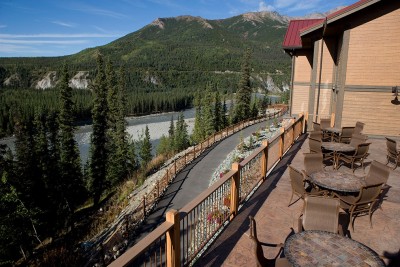 Terrace overlooking the river at the Denali Princess Wilderness Lodge