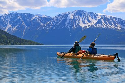 Two kayakers on Kenai Lake