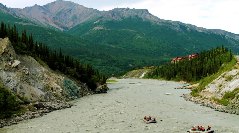 Two rafts float on the Nenana River