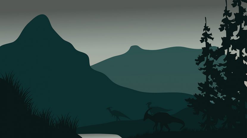 An illustration of dinosaurs in front of mountains