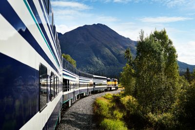 Princess Railcars being pulled by Alaska Railroad locomotive - viewed from onboard the back of the train