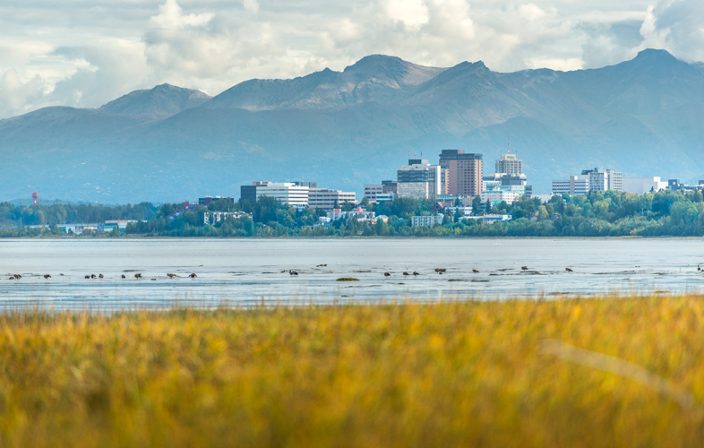 Downtown Anchorage with mountains behind