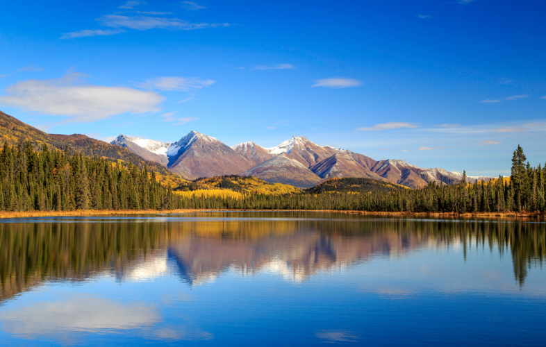 Still, reflective lake in Wrangell-St. Elias National Park.