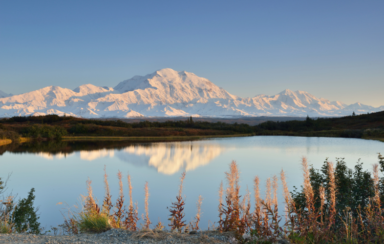 Denali reflecting on a lake inside the park