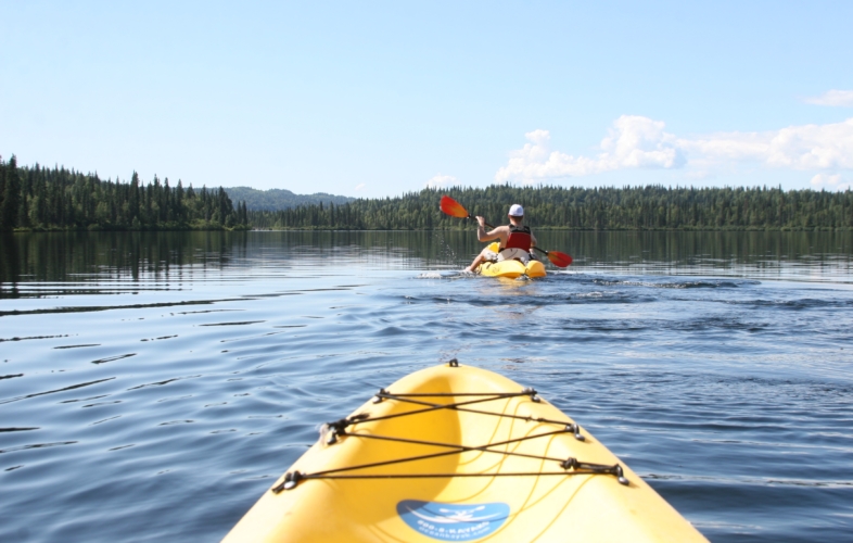 Two kayaks in Byers Lake on a clear day