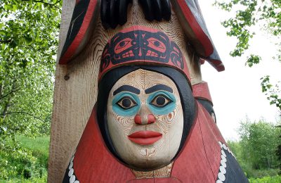 A totem pole at the Alaska Native Heritage Center