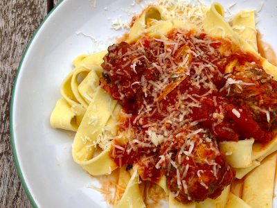 Meatballs made from wild game served over pasta.