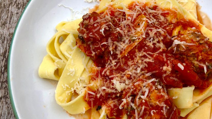 Meatballs made from wild game served over pasta.